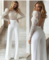 White Bubble Sleeves Backless Lace Embroidery Applique Long Jump Suit